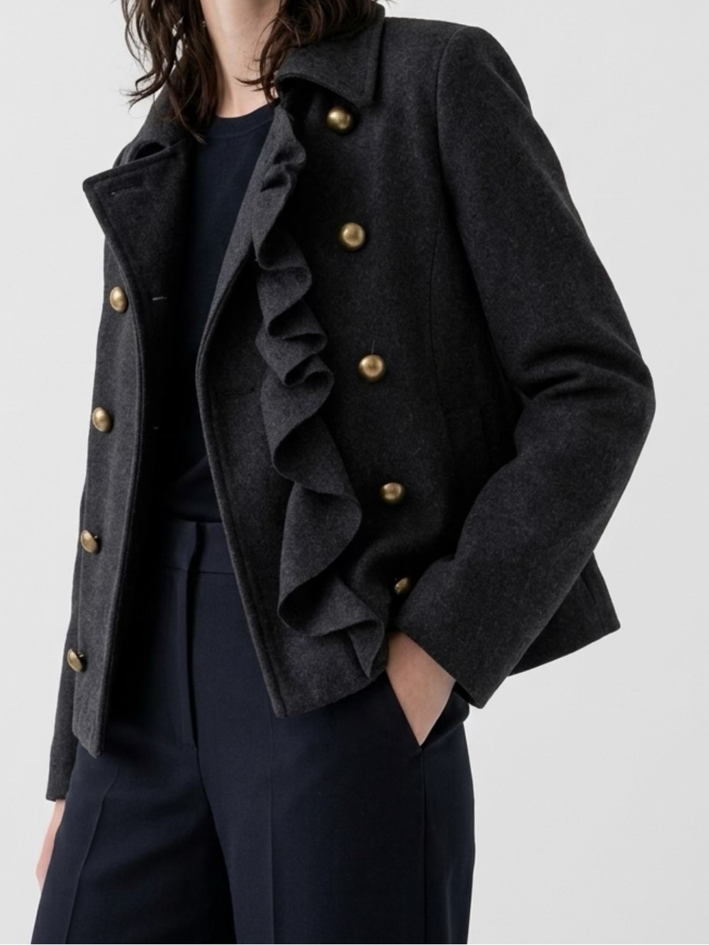 Donna Karan Charcoal Wool Ruffle-Front Pea Coat with Brass Buttons